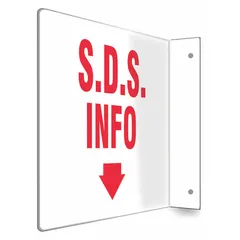 L-Shape Projection S.D.S. Info Sign made of PETG with mounting holes for secure wall installation. Nominal size 8 in x 12 in. Not retroreflective and does not glow in the dark. Suitable for displaying safety data sheet information in industrial environments.