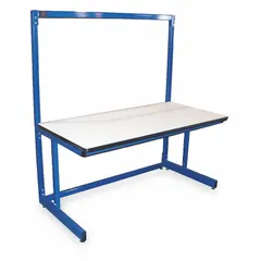 This open-base workstation starter unit features a 60 in x 30 in blue laminate top with an overall load capacity of 750 lb. Designed for material handling and storage workspace applications, it serves as a foundation for modular workstations in industrial settings.