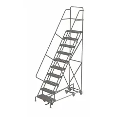 This unassembled steel ladder features a foot-activated step lock and double handrails for secure access. The perforated treads and gray finish suit industrial environments. Designed for all-direction movement with manual-lock descent control.