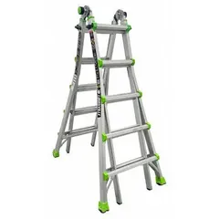Aluminum staircase and extending multifunction ladder with six configurations for stairway access, extension work, and scaffolding. Supports 300 lb load capacity. Weighs 35 lb.