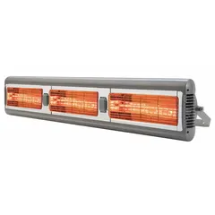 This suspended infrared radiant heater features a quartz lamp element and a silver aluminum housing. It is hardwired for 208/240V AC, 1 phase, delivering 4500W or 6000W output. Suitable for spot heating in commercial or industrial spaces such as warehouses, loading docks, patios, and workshops.