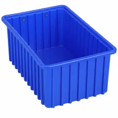 Standard plastic divider box for organizing small parts in industrial storage and workspaces. Measures 16 1/2 x 10 7/8 x 7 inches with 0.5 cu ft capacity. Blue ESD conductive plastic helps protect sensitive components from static discharge. Dividers and lid not included; not nesting capable.