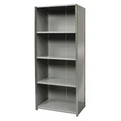 This HALLOWELL medium-duty standalone closed metal shelving unit is constructed with a steel frame and steel shelves. It measures 48 inches wide by 18 inches deep with an overall height of 84 inches and includes five shelves. The unit is finished in gray and supplied unassembled. Typical applications include storage of tools, parts, boxes, and inventory in warehouses, factories, and commercial facilities.