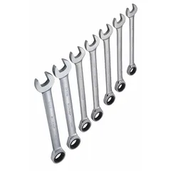 This 7-tool SAE 12-point ratcheting combination wrench set is constructed from alloy steel with a chrome finish. The set includes wrenches ranging from 1-1/16 in to 1-1/2 in and comes with a storage pouch. Suitable for tightening and loosening fasteners in automotive repair, machinery maintenance, and industrial assembly, the ratcheting box end allows efficient work in confined spaces.