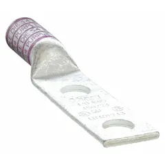 Two-hole compression lug for terminating 4/0 AWG stranded copper wire. Features a long copper barrel and 1/4 in stud size. No inspection hole. Used in power distribution panels, switchgear, and heavy machinery for secure electrical connections.