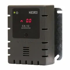 The MACURCO CX-12-NO2 is a cETLus Listed fixed gas detector for nitrogen dioxide (NO2) with a measurement range of 0 to 20 ppm. It features a digital display and operates on line voltage (100 to 240V AC). Designed for wall mounting, it is used for continuous monitoring of NO2 in commercial and industrial environments such as parking garages and loading docks.