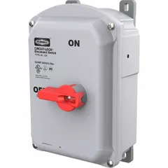 Non-fusible disconnect switch rated 60 A and 600V AC for single or three-phase systems. Stainless steel housing with red handle. UL Listed for indoor and outdoor use. Suitable for isolating electrical circuits in industrial and commercial applications.
