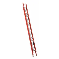 This 32 ft fiberglass extension ladder is non-conductive for electrical safety. It has a fixed fly, weighs 70 lb, and supports a 300 lb load capacity. Suitable for industrial maintenance and construction tasks where electrical hazards are present.