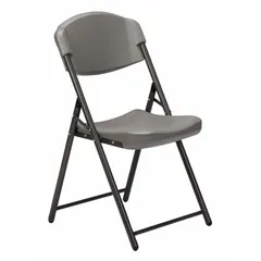 This folding chair features a steel frame and a gray plastic seat with an 18-inch back width. It supports up to 350 lb, suitable for temporary or permanent seating in industrial facilities, offices, and event spaces.