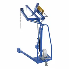 This hydraulic drum dispensing stacker is designed for vertical handling of 55-gallon metal drums. It features a steel housing, chain drum securing mechanism, and casters for portability. With an 800 lb weight capacity and 59.69 in vertical lift, it is used to lift and position drums for dispensing or stacking in industrial settings.
