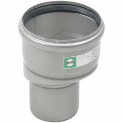 Stainless steel eccentric reducer with female socket x male socket connections, 3 in x 2 in pipe size. Designed for push-fit installation in drainage systems to connect different pipe diameters while maintaining a level invert. Rated for 29 psi maximum operating pressure and complies with ASME A112.6.3.