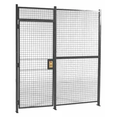 This woven-wire partition cage measures 20 ft wide by 2 in deep by 8 ft high, finished in gray enamel. It includes one hinged door that swings outward and is secured with a keyed different cylinder lock. The cage is supplied without a ceiling panel. Typical applications include creating secure enclosures for inventory, tools, or equipment in industrial and warehouse settings.