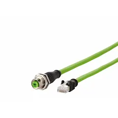 This Cat5e cordset connects devices with M12 D-coded female ports to standard RJ45 networks. It features a 10-meter green PUR cable with IP2X rating, suitable for industrial environments requiring resistance to oils and abrasion.