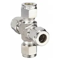 Double-ferrule stainless steel compression cross fitting with four ports for 3/8 in OD tubing. Compatible with Parker A-LOK fittings. Used to create a four-way branch connection in fluid systems for routing liquids or gases