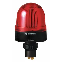 Wired flashing light with red xenon lens, M22 threaded mount, and 115V AC operation. Overall diameter 2 1/4 in, height 4 1/16 in. Used as a visual alarm for machine status, process warnings, or safety alerts in industrial environments.