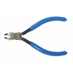Straight, pointed jaw diagonal-cutting pliers with semiflush cut. Jaw length and width each 1/2 in. Standard cushion grip. Spring return mechanism. For cutting nickel ribbon wire in electrical and industrial applications.