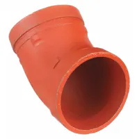This 45° grooved pipe elbow is made of ductile iron and sized 8 in x 8 in. It is rated for a maximum operating pressure of 300 psi at 150° F. Used in industrial piping systems to change flow direction, it is commonly applied in fire protection, HVAC, and process water lines