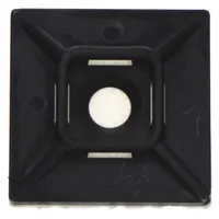 Adhesive mount cable tie base for securing miniature, intermediate, and standard cable ties. Measures 0.99 in L x 0.99 in W x 0.22 in H with a 0.06 in slot height. Black color. Supplied in a 500-pack. Used for cable management on flat surfaces in electrical panels, data centers, and industrial installations