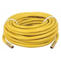 PVC air hose assembly with yellow PVC cover, 3/8 in inside diameter, 50 ft length, and 3/8 in MNPT male ends on both sides. Suitable for pneumatic tool supply, air line connections, and general compressed air distribution in industrial plants, workshops, and maintenance facilities