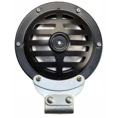 Electric-powered horn designed for material handling equipment such as forklifts and industrial vehicles. Operates on 48V DC and delivers a high-tone audible warning with a maximum sound level of 115 dBA. Features a painted black finish and includes a mounting screw for installation.