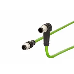 M12 connector-to-connector cordset with D-coded male straight and male right-angle plugs. Cat5 performance for industrial Ethernet. Green cable jacket, IPX7 rated. Length: 10 m.