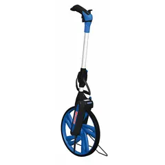 This mechanical measuring wheel measures distances up to 9,999 ft in SAE units. It features a spoked single wheel with a plastic tread, a fixed pistol-grip handle, and a foldable aluminum frame. Hand-operated and battery-free, it is suited for outdoor distance measurement tasks.
