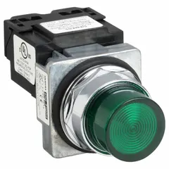 Green LED pilot light from the Siemens Class 52 series, designed for 30 mm panel mounting. Rated for 240 V AC maximum supply voltage. Provides visual status indication on industrial control panels and machinery. Does not include a push-to-test function.