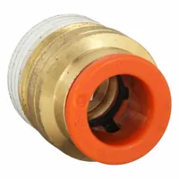Brass push-to-connect adapter fitting with 3/8" male NPT thread, designed for 3/8" OD polybutylene or nylon tubing. Provides tool-free, leak-resistant connections in pneumatic systems for industrial automation, packaging, and material handling applications