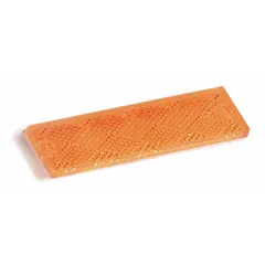 Amber rectangular stick-on reflector made of acrylic. Measures 4 7/16 in overall length by 1 3/16 in overall width. Complies with SAE A standards for retroreflective performance. Used for vehicle conspicuity and side marking on trailers, trucks, and heavy equipment.