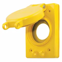 Thermoplastic weatherproof cover for locking 20A receptacles. Yellow, single-gang, vertical mounting orientation. Protects electrical connections in outdoor or damp locations.