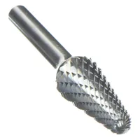 Double-cut ball-nosed cone bur with a 1/2 in x 1 1/4 in head and 1/4 in shank. Trade number SL-4. Used for deburring, shaping, and finishing metals and composites in industrial machining and tool and die making