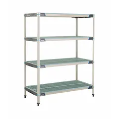 This stationary shelving unit features a 304 stainless steel frame and shelves with antimicrobial resistance properties, suitable for harsh environments. It includes four shelves with an overall height of 62 inches. Typical applications include storage in food processing, healthcare, and pharmaceutical facilities where microbial growth control is required.