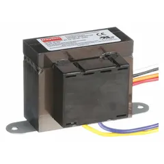 Open Class 2 transformer with foot mounting and wire lead connections. Primary input accepts 120V AC, 208V AC, or 240V AC; secondary output is 24V AC. Suitable for stepping down line voltage to low-voltage control circuits in HVAC, lighting, and industrial automation applications.