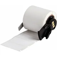 Thermal transfer precut label roll with permanent acrylic adhesive, 250 labels per roll. Each label measures 3/4 in x 1 1/2 in. Compatible with BMP61 printer series. Used for asset tagging, cable marking, and safety labeling in industrial environments