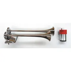 Full-tone air-powered horn set for trucks. Includes two chrome-plated horns in silver finish and vinyl tubing. Operates on 12V DC. Suitable for heavy-duty vehicle warning applications.