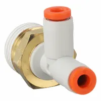 Polybutylene and brass push-fit tee fitting for pneumatic systems. Creates a branch connection from a 1/4 in pipe to two 1/8 in OD tubes. Overall length 35 29/32 mm. White