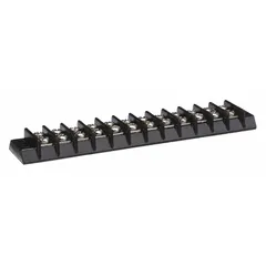 This 12-pole surface mount barrier strip accepts wire sizes from 22 AWG to 14 AWG and is rated for 15 A maximum current. It is used for securing and organizing wire connections in control panels, junction boxes, and other surface-mount applications. No cover is included.