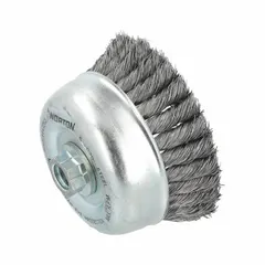 This cup brush is designed for heavy cleaning, surface preparation, and deburring on contoured carbon steel surfaces. It features a 5 in diameter, 0.02 in fill diameter, and standard twist knot wire bristles. The brush connects via a 5/8"-11 arbor hole, suitable for use with angle grinders and other compatible tools.