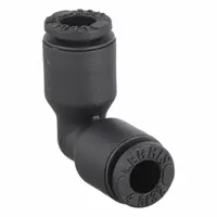 This push-to-connect elbow fitting connects 4 mm OD tubing to 4 mm OD tubing. Constructed with a nylon body and nickel-plated brass components, it is suited for pneumatic systems, instrumentation, and automation equipment. The push-to-connect design allows tool-free assembly in confined spaces. Supplied as a 10-pack