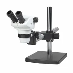 Binocular stereo microscope with 0.8X to 5X zoom range and 50X maximum magnification. Features a 22 mm optical field of view, 114 mm working distance, and a Single Arm Boom stand with a 10 in x 10 in base plate. Suitable for inspection, assembly, and quality control tasks requiring detailed observation of small components.