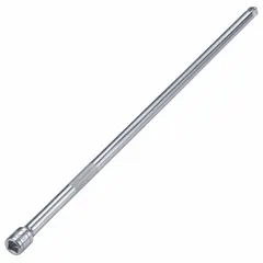 This flex and wobble hand socket extension features 3/8-inch input and output drive sizes with an 18-inch overall length. It is used to access fasteners in tight or offset spaces where a standard rigid extension cannot reach. Suitable for automotive, industrial, and maintenance applications.
