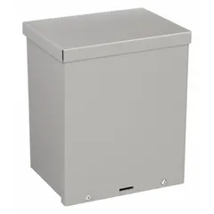 Steel enclosure with screw-on solid painted cover, measuring 8 in x 6 in x 6 in. Type 3R rated for outdoor or damp indoor use. Includes knockouts and padlock hasp closure. Suitable for protecting electrical controls, terminals, and wiring in industrial power distribution, HVAC, and junction box installations.