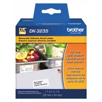 Acrylic removable adhesive label roll with 800 precut labels measuring 2 3/32 in x 1 3/32 in. Compatible with QL-800 printer series. Designed for temporary labeling applications such as shelf tags, bin labels, and shipping returns where residue-free removal is required