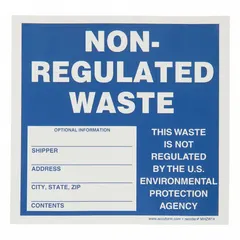 Paper label for marking shipments of non-regulated waste. White background with fields for shipper, address, city, state, zip, and contents. Each label measures 6 x 6 inches, supplied in packs of 250.