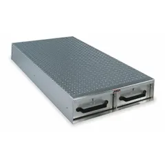 Aluminum bed-mount storage drawer system with two drawers. Dimensions: 6 in height, 24 in width, 50 in depth. Silver finish. Suitable for organizing tools and equipment in trucks or vans for maintenance, construction, and field-service applications.