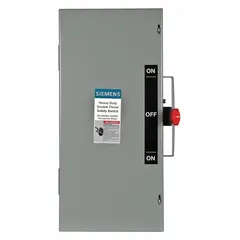 The Siemens DTNF322 is a non-fusible safety switch rated for 60 A, three-phase, 240V AC. It features a galvanized steel enclosure designed for indoor installation. This switch is used to disconnect electrical power for maintenance or emergency shutdown in industrial and commercial applications.
