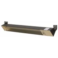 Suspended infrared radiant electric ceiling heater for indoor and outdoor use. Features a 1500W quartz tube element, 120V AC single-phase, hardwired connection. Bronze galvanized steel housing, overall dimensions 47 in x 5-3/8 in x 6-1/2 in. Suitable for spot or area heating in spaces such as warehouses, loading docks, patios, and workshops