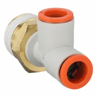 Polybutylene and brass tee fitting for branching pneumatic lines. Connects 1/2 in pipe to two 3/8 in OD tubes. Overall length 53 11/16 mm. White