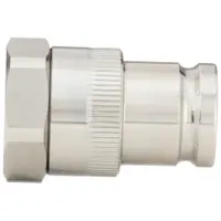 This PARKER 71 Series hydraulic quick-connect coupling plug features a 316 stainless steel body and female NPSF threads. The fluorocarbon seal provides compatibility with various hydraulic fluids. It is used for rapid, leak-free connection and disconnection in fluid power systems