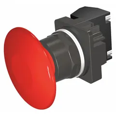 Momentary-action mushroom-head push button with a 30 mm non-metallic profile. Features one normally open (1NO) contact and pressure plate terminal connection. Suitable for use as an actuator in industrial control panels and machinery.